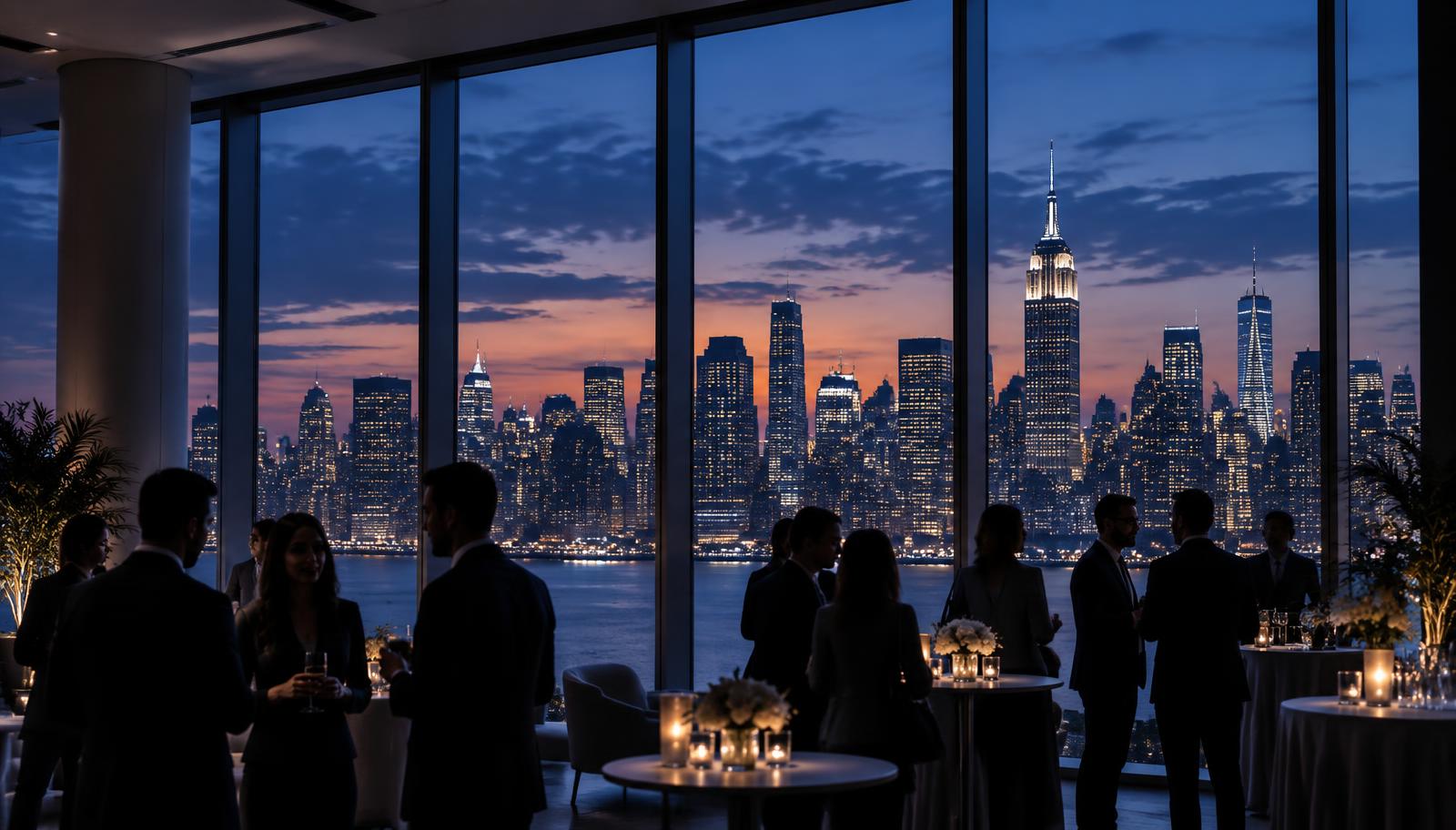 Business professionals at an evening event overlooking the New York skyline